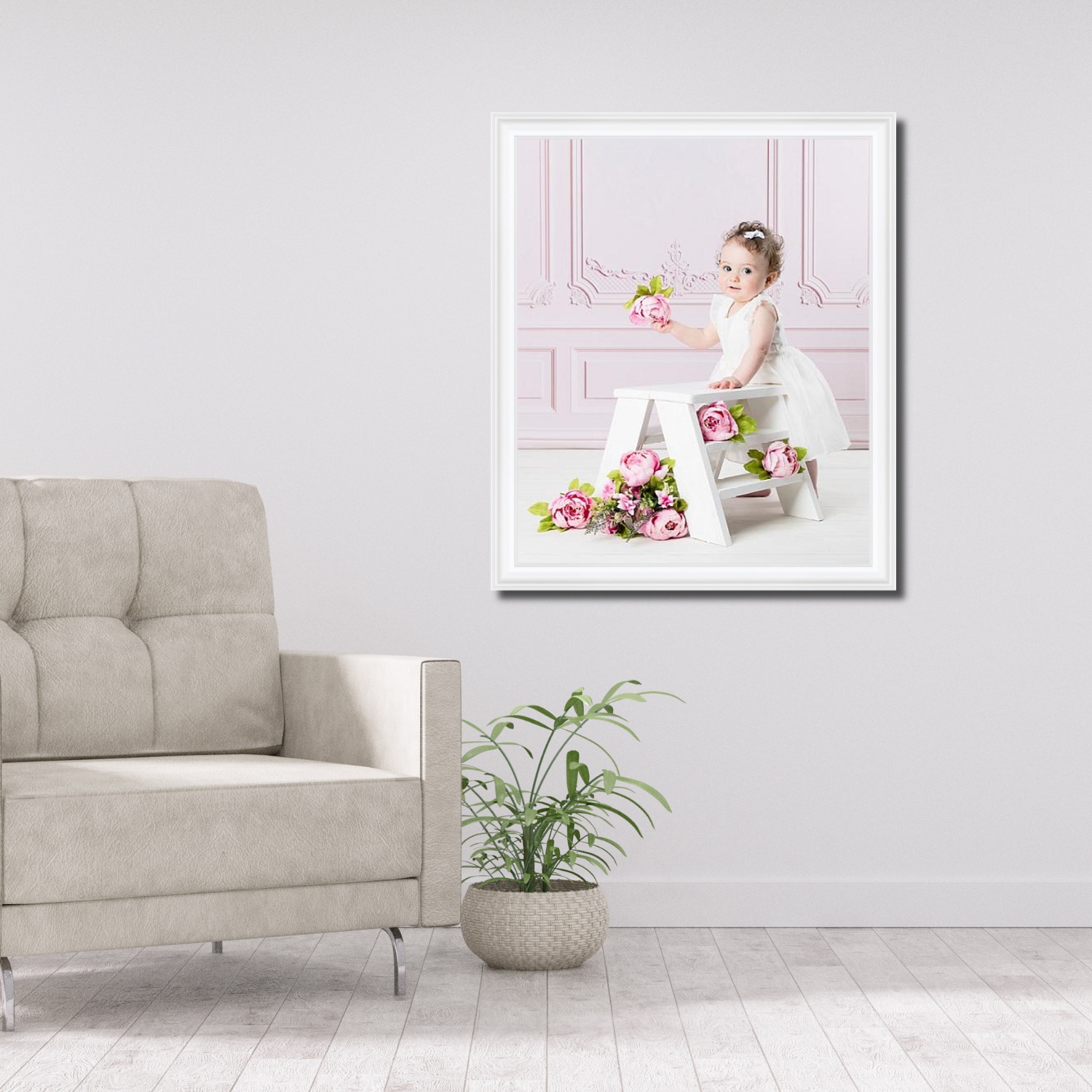 Large framed first birthday portrait displayed in a family home, illustrating how celebrating the first year becomes lasting artwork.