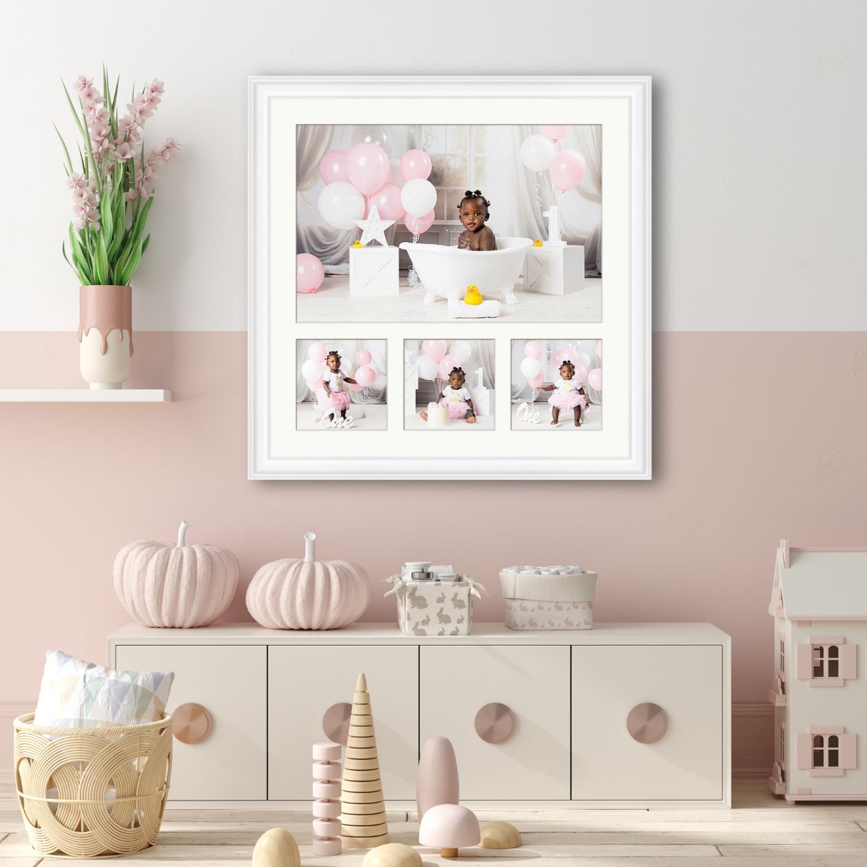 first-birthday-wall-art-childhood-belonging- Framed first birthday artwork displayed in a child’s room, celebrating the baby’s first year and creating a lasting reminder of love, belonging, and the beginning of their story.