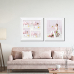 Framed first birthday wall art collections displayed above a sofa in a family living room, showing how milestone artwork becomes part of everyday home life.