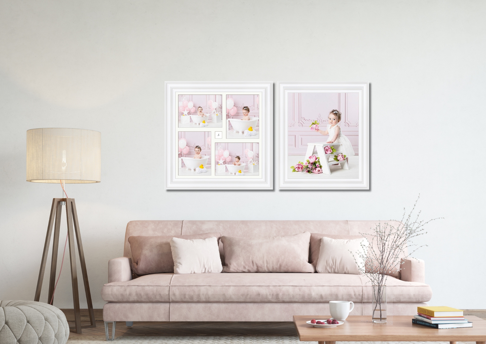 first-birthday-wall-art-collection-living-room Framed first birthday wall art collections displayed above a sofa in a family living room, showing how milestone artwork becomes part of everyday home life.
