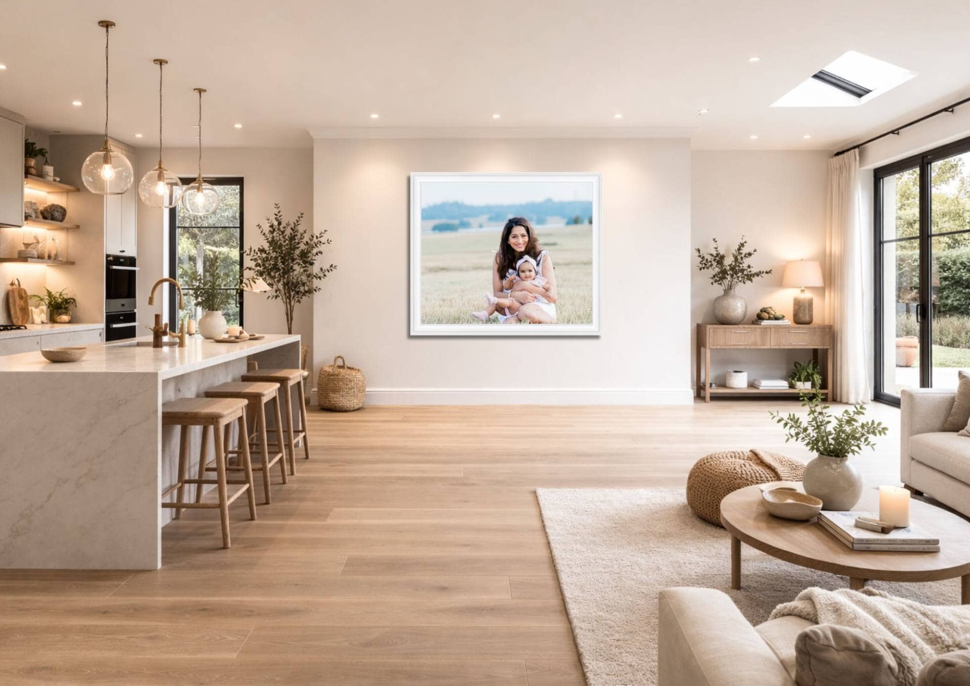 Large framed first birthday portrait displayed in a modern open-plan Hampshire family home, showing mother and baby embracing in a timeless outdoor image.