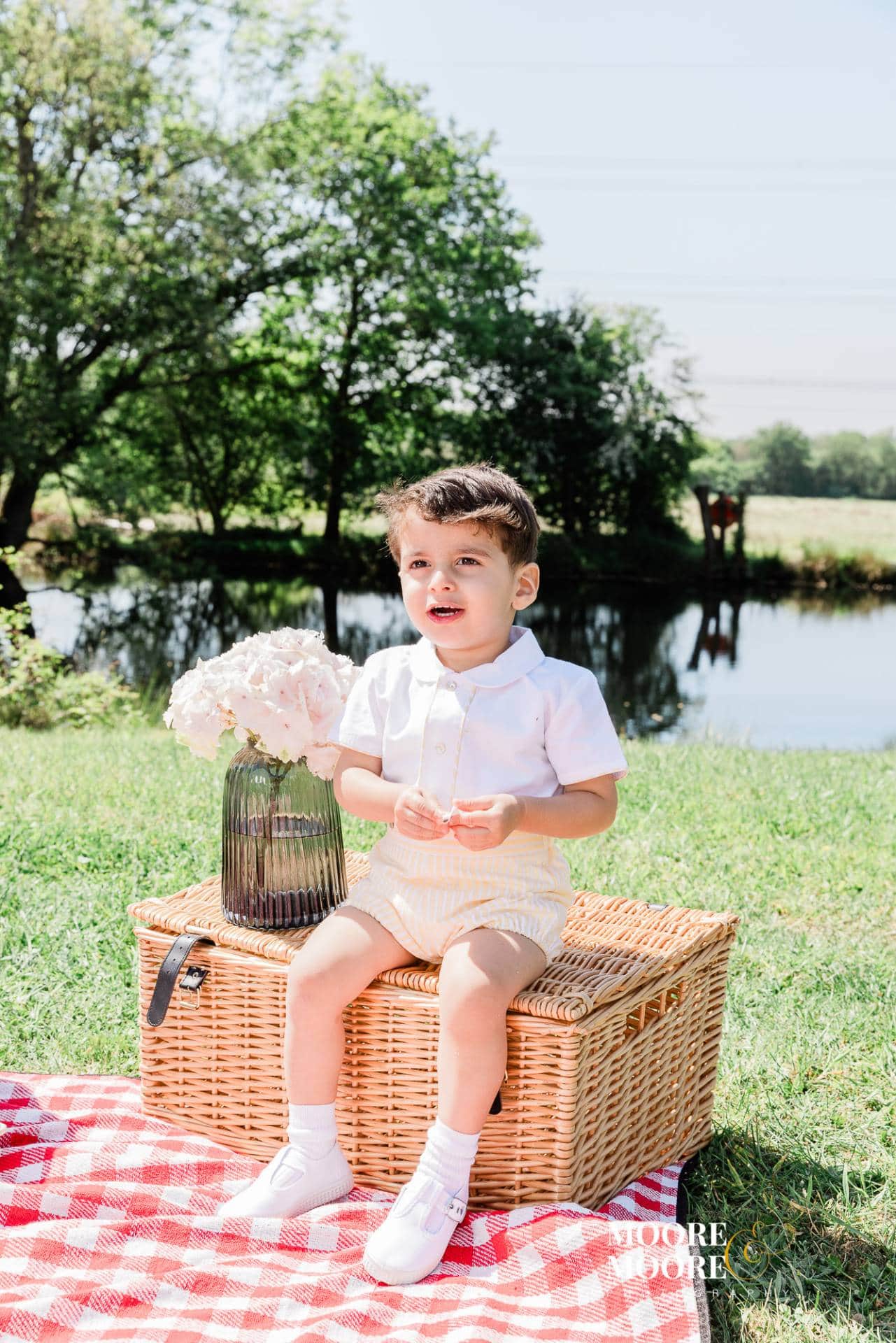 Young boy sitting on a picnic basket during a relaxed outdoor family portrait in Fleet Hampshire