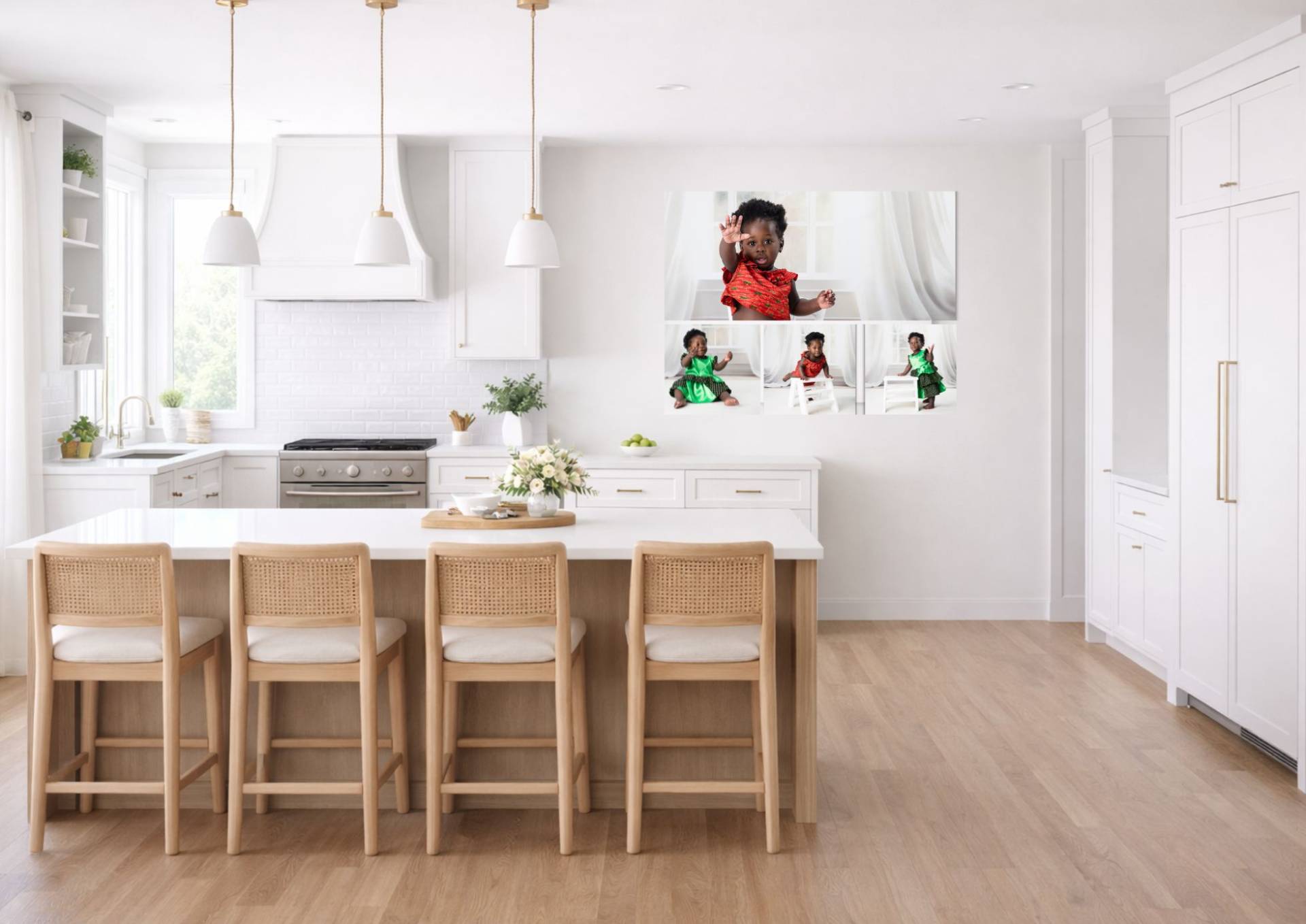 Modern open-plan kitchen featuring a curated first birthday wall gallery collection, professionally framed and displayed as heirloom artwork in a Hampshire family home.