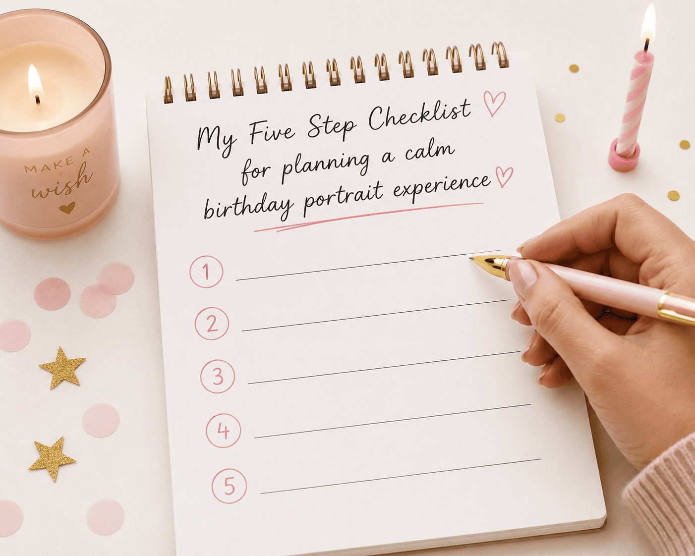 Planner page titled 'My Five Step Checklist for planning a calm birthday portrait experience' with five numbered lines and a hand about to write, surrounded by pink decor and a candle.