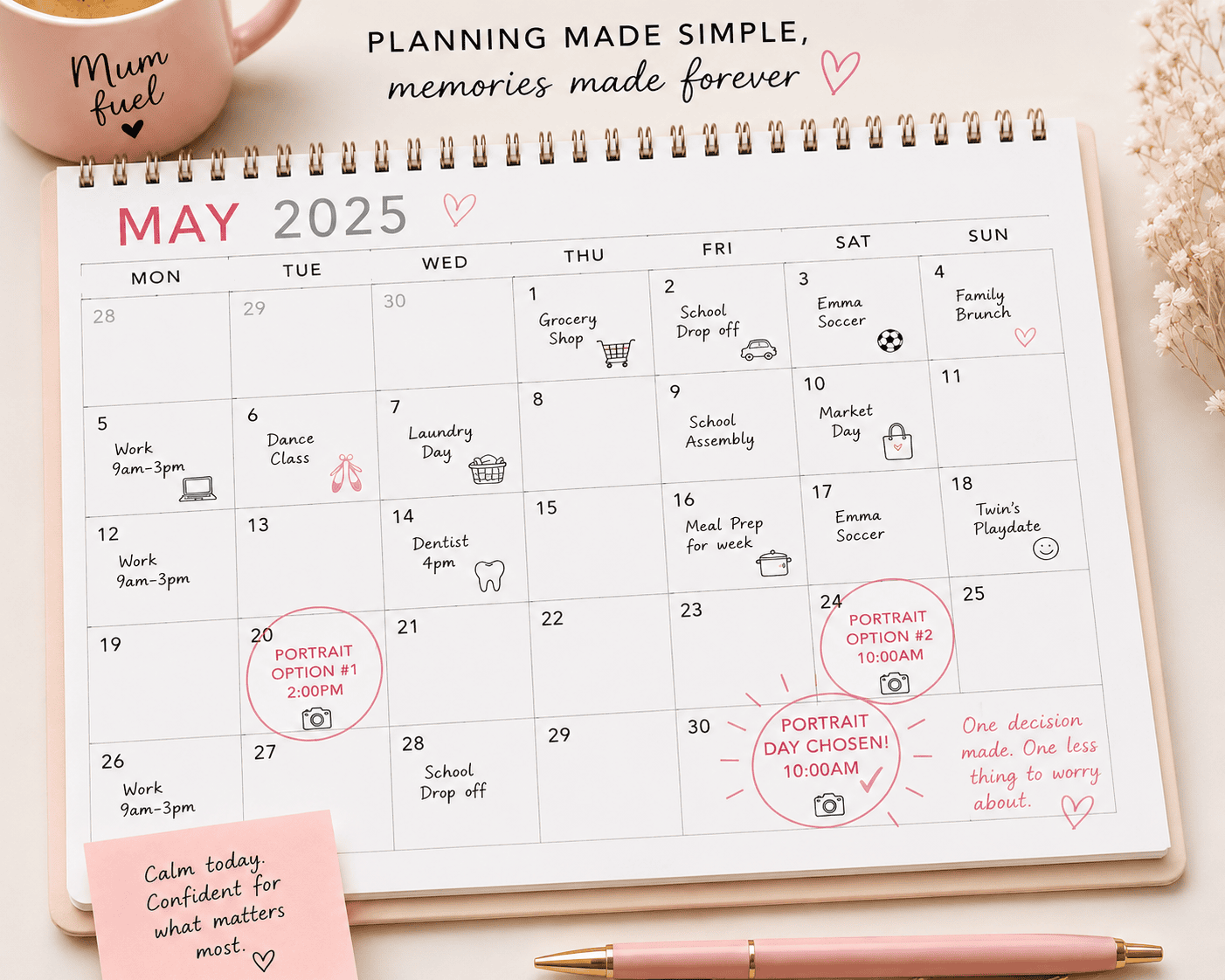 Two portrait date options circled in a diary, one chosen to keep birthday planning calm