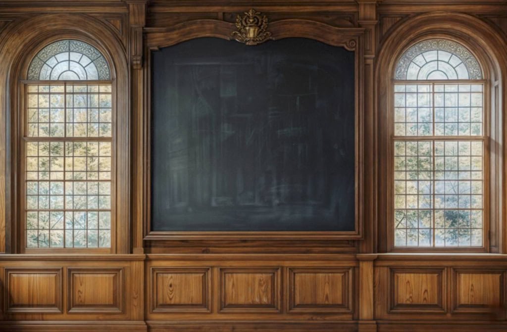 first-day-of-school-backdrop-2026 2026 Reception Ready First Day of School photography backdrop featuring a traditional classroom setting with wooden panelling, tall arched windows and a classic chalkboard.
